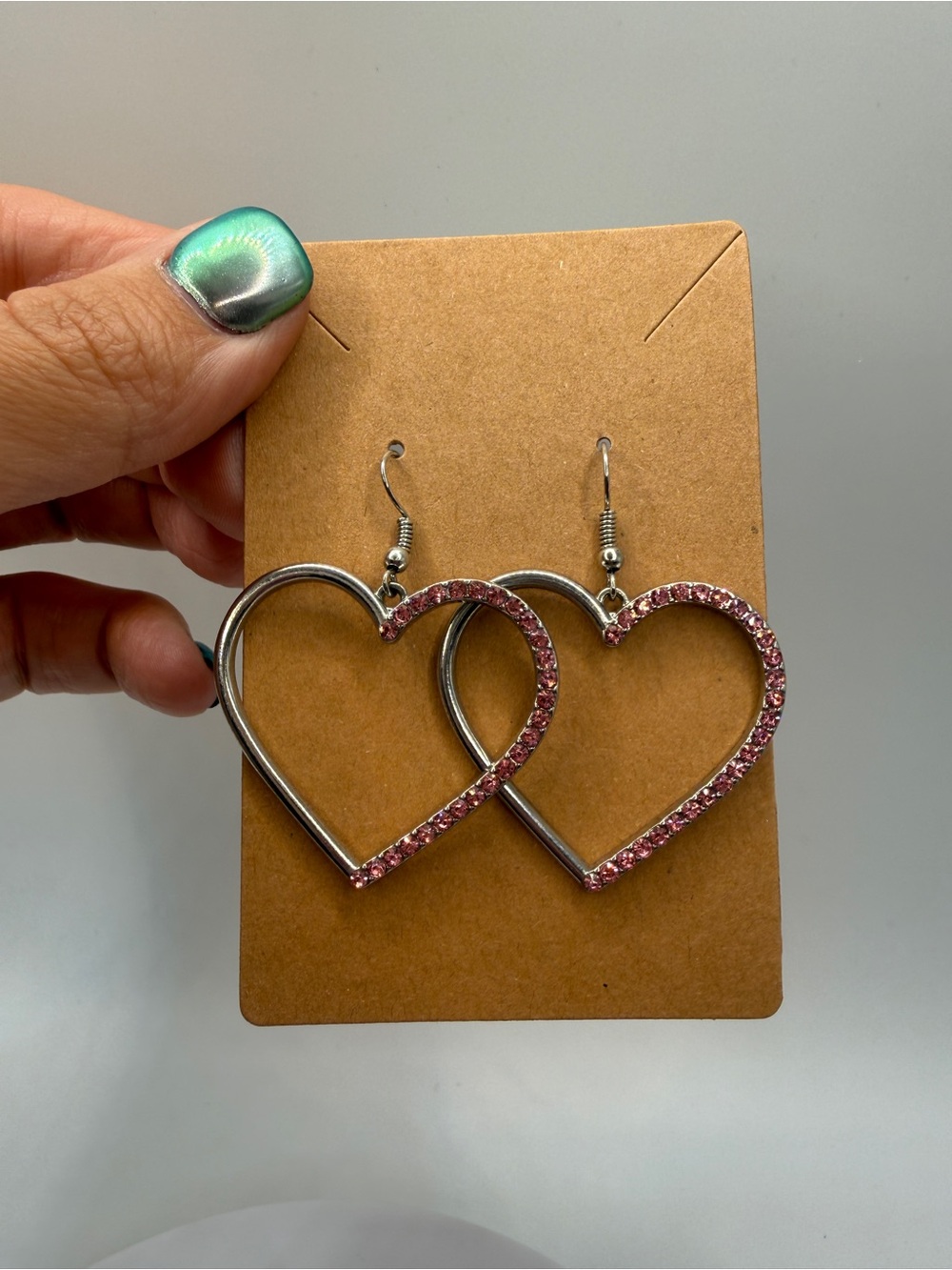 Silver Heart Drop Earrings with Pink Crystals